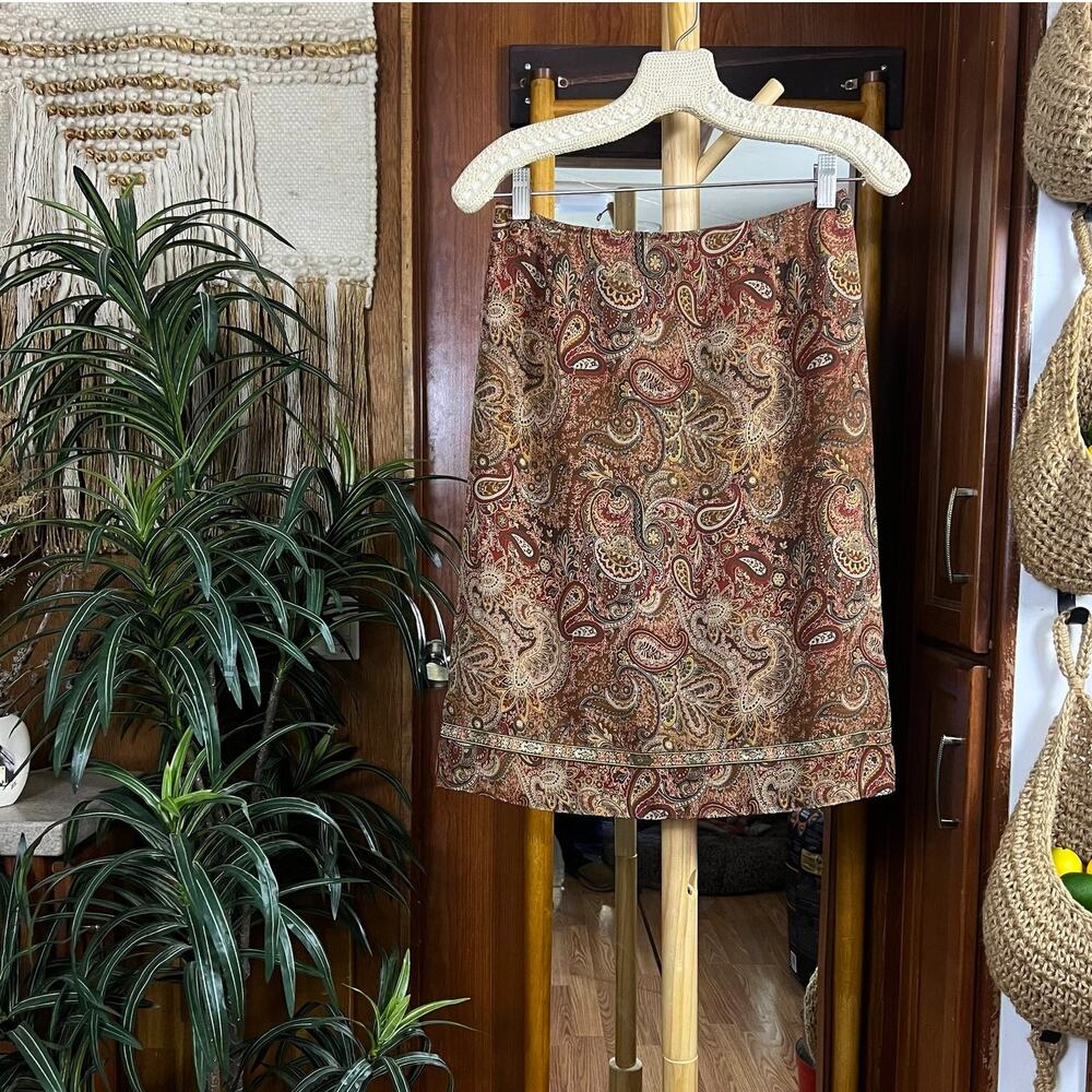 Vintage 90s Paisley Pencil Skirt USA Made Size 4 Brown Fully Lined Knee Length